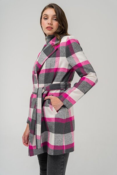 Olcay Belted Waist Lined Plaid Patterned Coat Fuchsia 3927-E