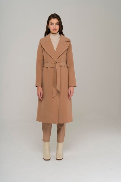 Olcay Zapínání na patentky, poloviční dvouřadý pas s páskem, středně dlouhý kabát KAMEL 3907