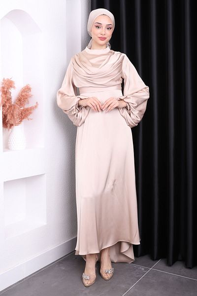 İmajButik Mink Neckline Detailed Balloon Sleeve Satin Evening Dress