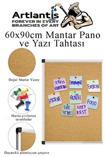 Artlantis Çift Fonksiyonlu Yazı Tahtası ve Mantar Pano 60x90 cm 1 Adet Alüminyum Çerçeveli Yazı Tahta Kalemi v