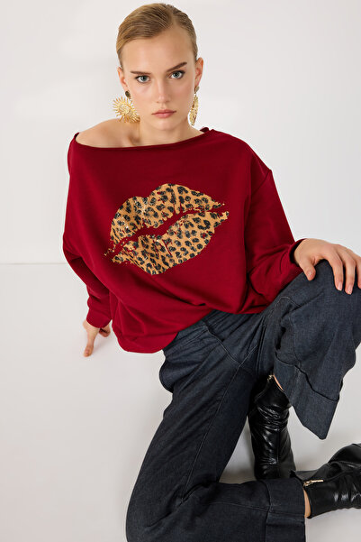 No Matter What 100% Cotton Leopard Printed Lip Printed Sweatshirt