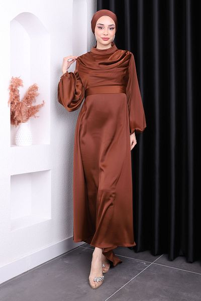 İmajButik Καφέ βραδινό φόρεμα με λεπτομέρεια με μπαλόνι μανίκι σατέν