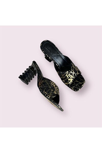 İpek ipek kadın siyah altın çapraz şeffaf boyalı taban terlik