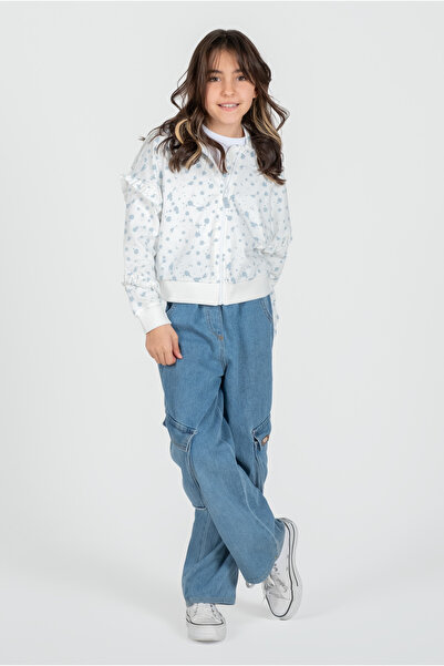 Kyron White and Blue Patterned - Girl's Polka Dot Hooded Cotton Jacket