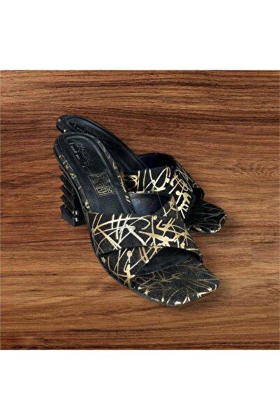İpek ipek kadın siyah altın çapraz şeffaf boyalı taban terlik