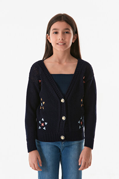 Fulla Moda Floral Embroidered Openwork Girl's Cardigan