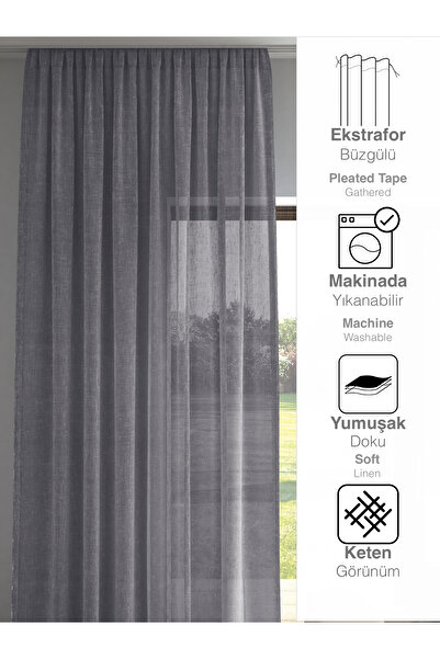 Perle Koyu Gri Renk Keten Görünümlü Düz Tül Perde Ütü Istemez