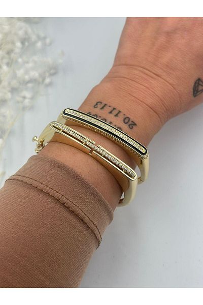 MyladyAccessoriess Zircon Stone Detailed Steel Handcuff Bracelet Gold