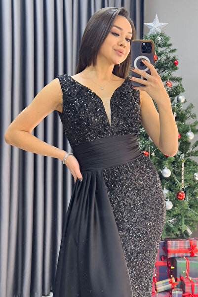 thezkscom Women's Satin Sequin Sequin Tail Waist Draped Low-Cut Plus Size Evening Dress Black, Navy Blue, Powder