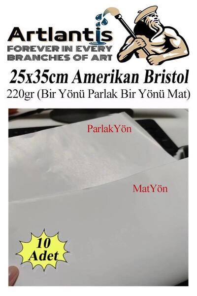 Artlantis Amerikan Bristol Karton 25x35 cm 10 Adet 220 gr Bir Tarafı Parlak Bir Tarafı Mat Kağıt Biristol Kart