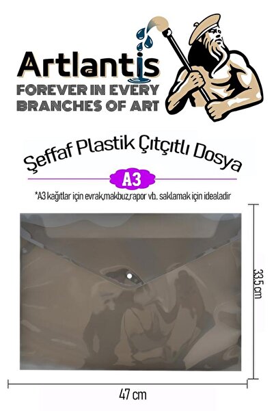 Artlantis A3 Çıtçıtlı Dosya Füme 1 Adet A-3 Çıt çıtlı Zarf Dosya Transparan 47x33.5 cm Büyük Boy Çıtçıtlı Dosy