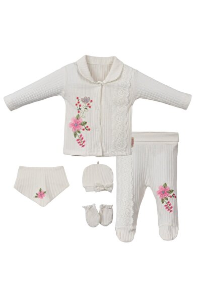 Lolons Çiçek Nakışlı Önden Çıtçıtlı Kız Bebek Beşli Set Beyaz