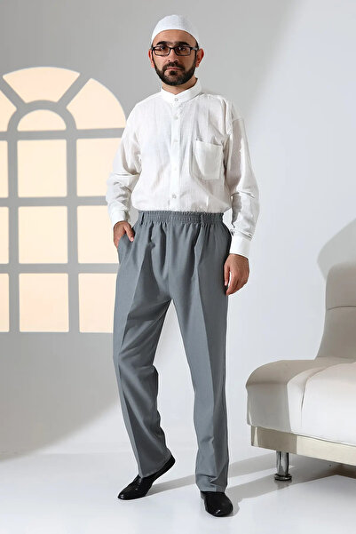 ihvan online Erkek Rahat Kesim Beli Lastikli Cepli Hac ve Umre Kumaş Şalvar Pantolon - Gri (KRK)