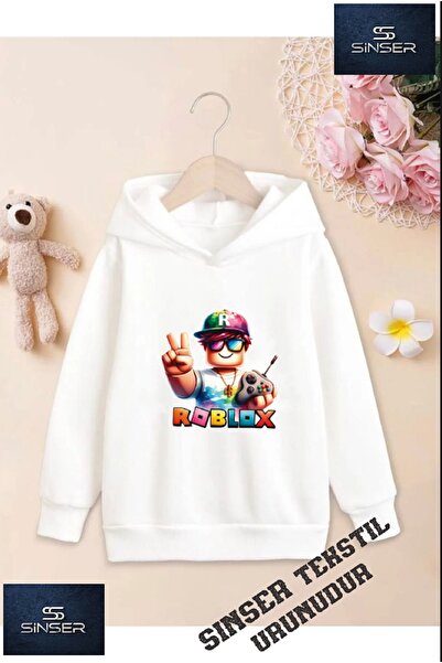 SİNSER TEKS Hanorac alb cu glugă pentru fete/băieți, cu imprimeu „ROBLOX”