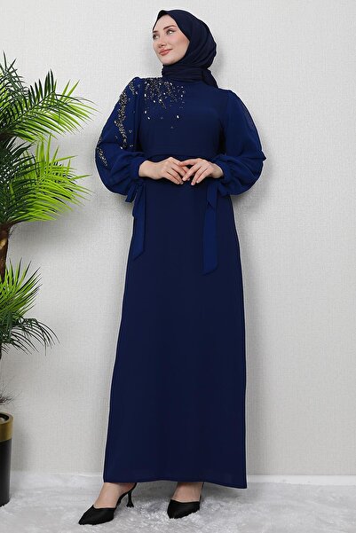 GİZ AGİYİM فستان شيفون باللون الأزرق الداكن