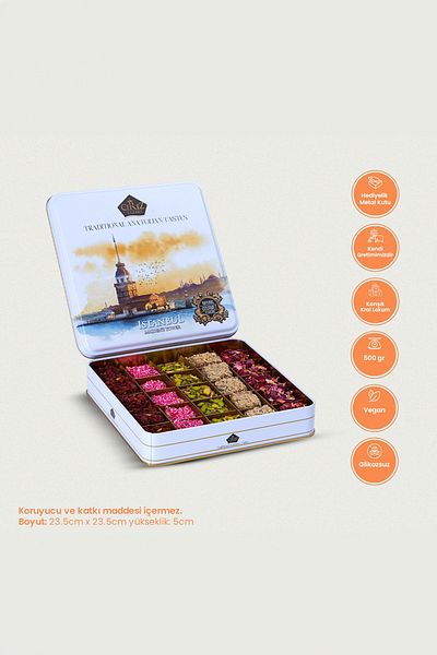 Çerez Pazarı King Turkish Delight 500g - Mix Special in Metal Box, Patty and Walnut