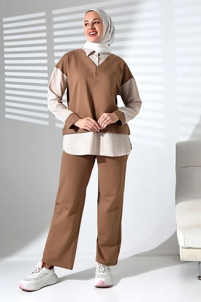 Mihran Butik بدلة حجاب رياضية بنية مريحة للسيدات موسمية من الأسفل والأعلى
