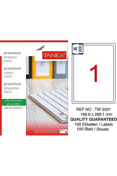 Tanex Computer Label Tw-2001 199.60x289.10 Mm 100 Pieces Laser Label 1 Pack Invitation Card Shipping Label