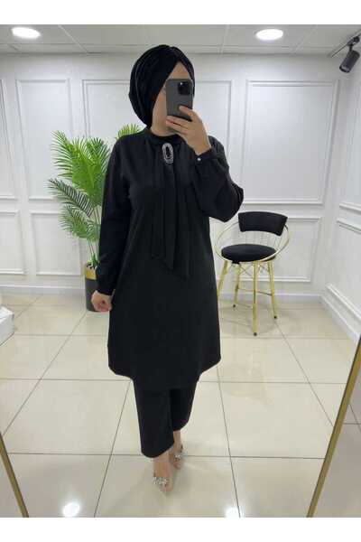 masalabiyem 7131 K120 SİYAH TAŞ BROŞLU İKİLİ TAKIM