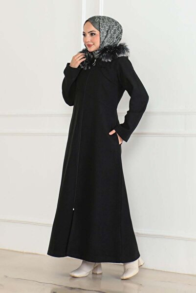 SGS Μαύρο γούνινο παλτό με κουκούλα