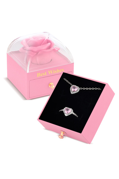 Forentina Gümüş Kaplama Pembe Taşlı Kolye Yüzük-Özel Pembe Yapay Güllü Kutuda Hediye Set PS3862