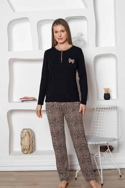 Miss Merveille Set pijamale pentru femei cu model leopard - Lycra de bambus brodat cu fundita 2805uy