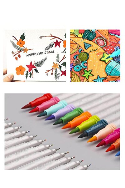 Masis Fineliner Kalem Çift Yönlü 12 Renk 1 Paket Fırça Uç ve Fineliner Brushpen 12li Keçe Uçlu Kalem Kalın