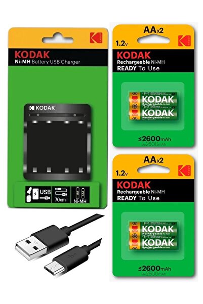 Kodak Pil Şarj Aleti Cihazı Usb Kablolu 4 Adet Kalem Pili (AA) 2600 mha Dolab...