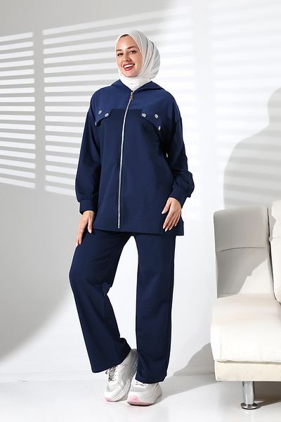 Mihran Butik Women's Seasonal Bottom and Top Comfortable Navy Blue Sports Hijab Suit