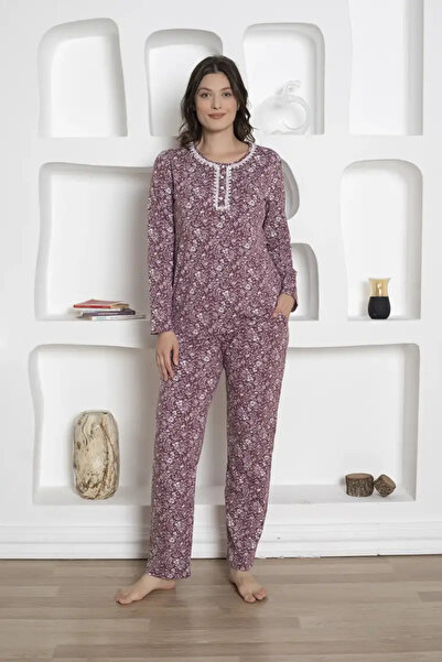 ALİMER Çiçek Desenli Kadın Pijama Takımı - Likralı Penye Uzun Kollu 2809UKL