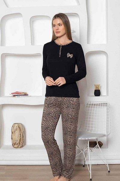 Miss Merveille Set pijamale pentru femei cu model leopard - Lycra de bambus brodat cu fundita 2805uy