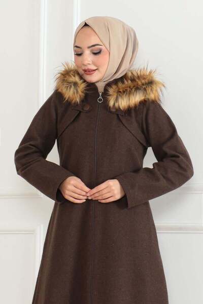 SGS Καφέ γούνινο παλτό με κουκούλα