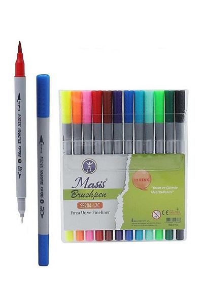 Masis Fineliner Pen Reversible 12 Colors 1 Pack Brush Tip and Fineliner Brushpen 12 Pieces Felt Tip Pen Thick