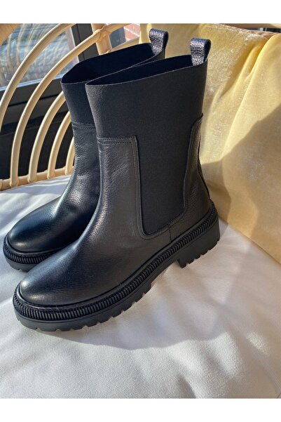 LA PASSION HAKİKİ DERİ SİYAH GENİŞ LASTİKLİ BOT