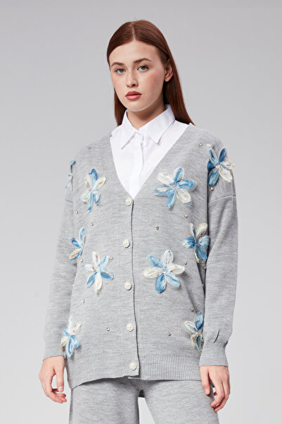 Hatun Atila Hatunatila Tulle Flower and Pearl Detailed Cardigan Sweater Cardi...