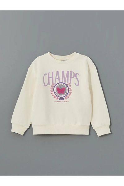 LC Waikiki LCW Kids Ecru Crew Neck Γυναικεία Παιδική Χοντρή Φούτερ