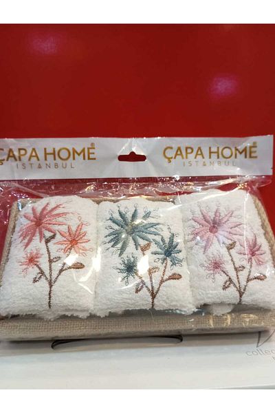 Çapa Home Gift Daily Dowery Use with Straw Basket Detail 3-Piece Cotton Towel 30 X 50