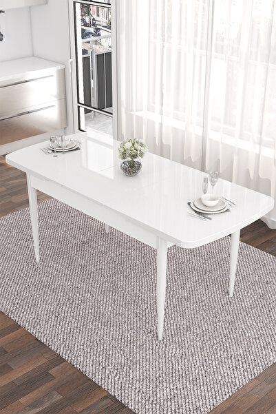 Canisa Concept Eva Serisi 80x132 Açılabilir MDF Mutfak Masası Takımı Beyaz Masa 4 Füme Sandalye 1 Bench