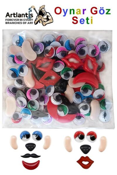 Artlantis Renkli Oynar Göz 12 mm Yüz Seti 96 lı 1 Paket Ağız Kulak Burun Bıyık Dudak Plastik Anasınıfı Kreş Et