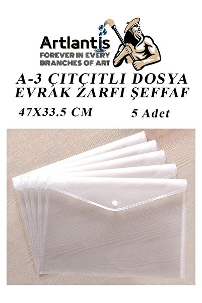 Artlantis A3 Çıtçıtlı Dosya Şeffaf 5 Adet A-3 Çıtçıtlı Zarf Dosya Transparan 47x33.5 cm Büyük Boy Çıtçıtlı Dos