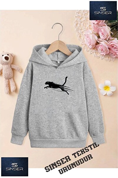 SİNSER TEKS Дівчача/хлопчача біла кофта з капюшоном і принтом «JAGUAR CIZGILI»