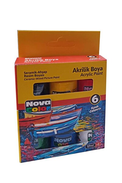 Nova Color Akrilik Boya 6 Renk 17 ml 1 Paket Akrilik Boya Seti 6 lı Ahşap Tuv...