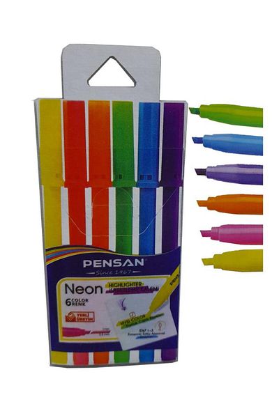 Pensan Mark Pen Highlighter 1 Pack of 6 Yellow Green Pink Purple Orange Blue 5 mm Highlighter