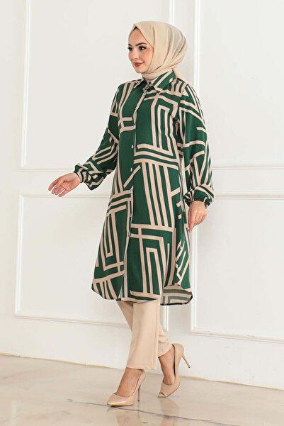 SGS Σμαραγδένιο πράσινο τουνίκ βισκόζης - Γεωμετρικό σχέδιο