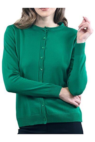 Miss Poem Women's Crew Neck Buttoned Long Sleeve Basic Green Knitwear Cardigan