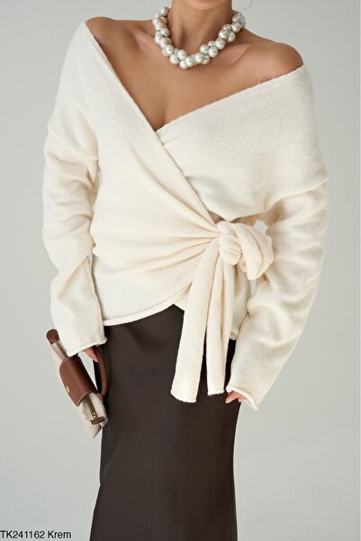 CADDELAMODA Tricotaj pentru damă, crem, cu cravată laterală