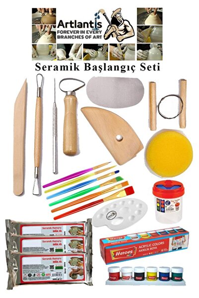 Artlantis Seramik Başlangıç Boyama Seti 24 Parça 1 Paket Kil Hamuru Fırça Palet Akrilik Boya Modelaj Modelleme