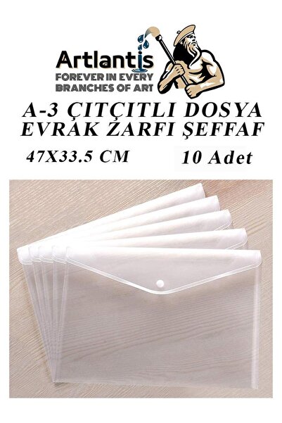 Artlantis A3 Çıtçıtlı Dosya Şeffaf 10 Adet A-3 Çıtçıtlı Zarf Dosya Transparan 47x33.5 cm Büyük Boy Çıtçıtlı Do