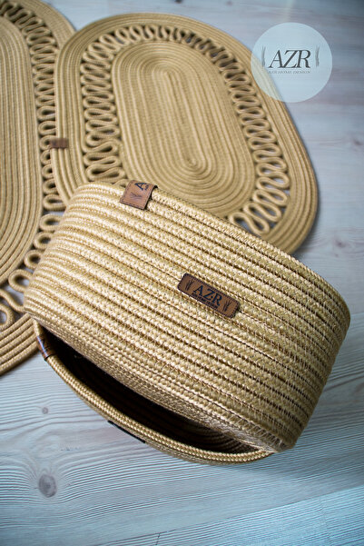 AZR HOME DESİGN مجموعة سجادة حمام من قش الجوت، مجموعة سلة للحمام