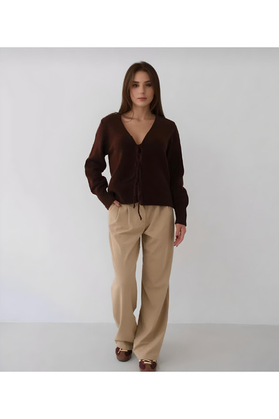 Butik La Lilyum, Bağcıklı Yumoş Hırka - V Yaka, Bordo ve Kahve Triko Kazak
